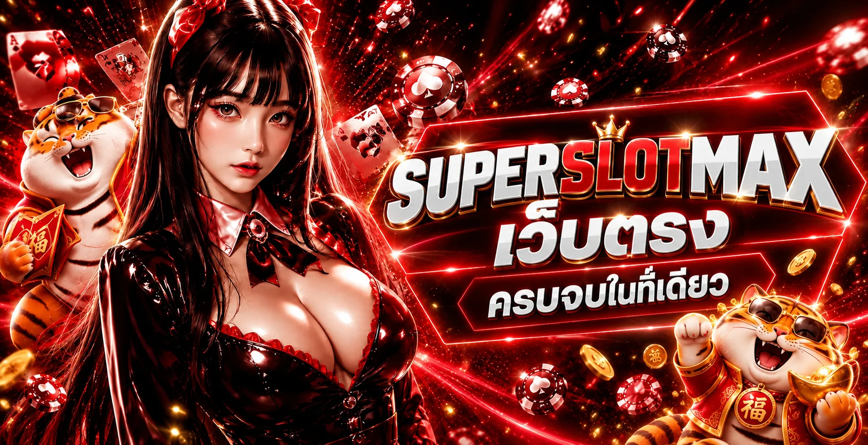 แบนเนอร์ SUPERSLOTMAX เว็บตรงโทนแดงพร้อมตัวละครเสือ